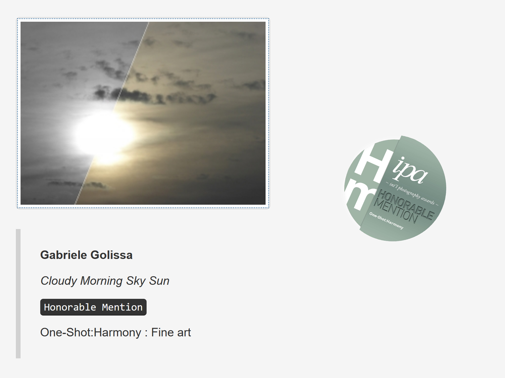'Cloudy Morning Sky Sun' receives honorable mention @ One-Shot: Harmony